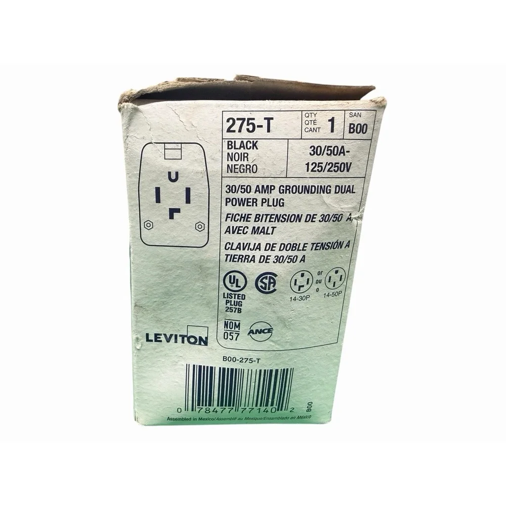 Leviton‎ 275-T 30/50A, 125/250V, Dual Power Vinyl Grounding Black Angle Plug